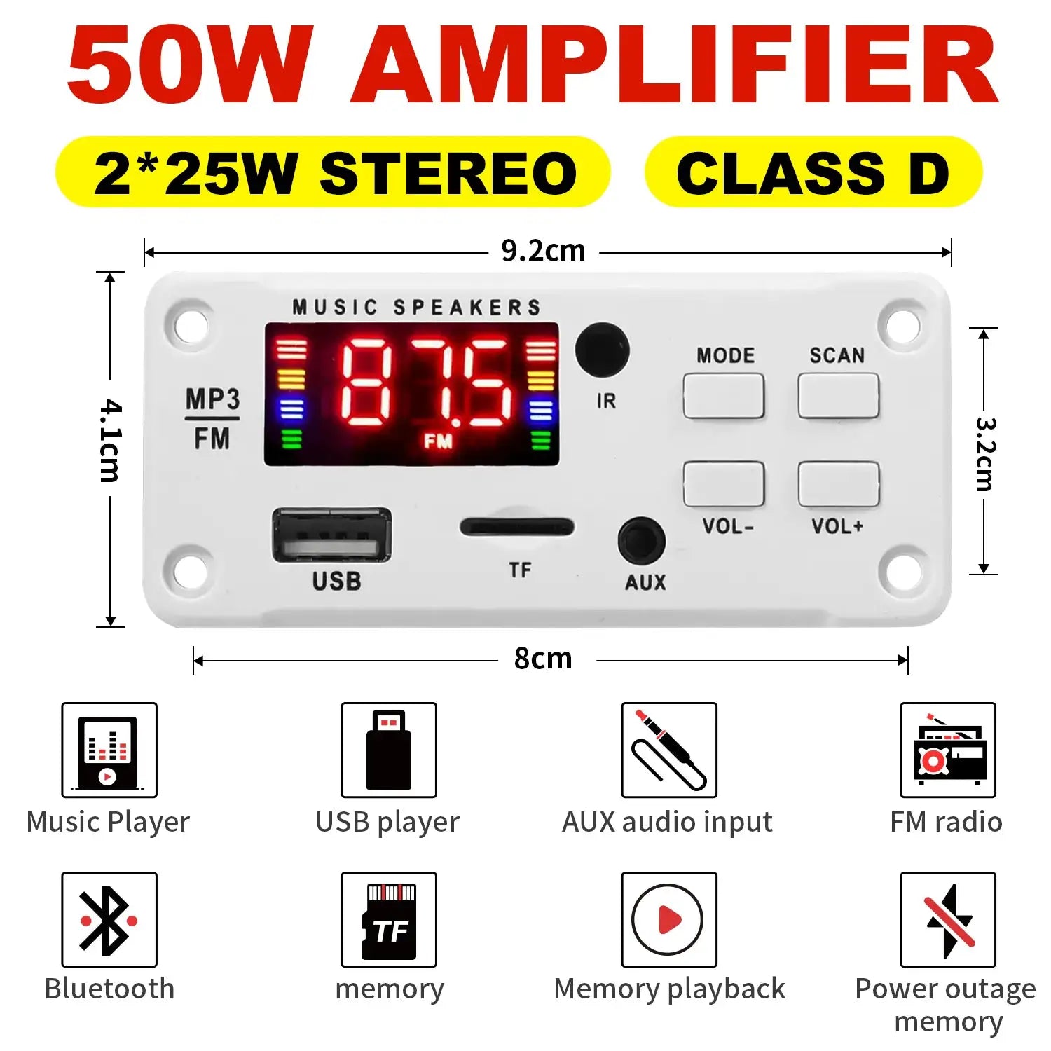 50W Bluetooth 5.0 DIY MP3 WAV Decoder Board for Car Audio DC 12V USB TF Card Slot FM with Mic