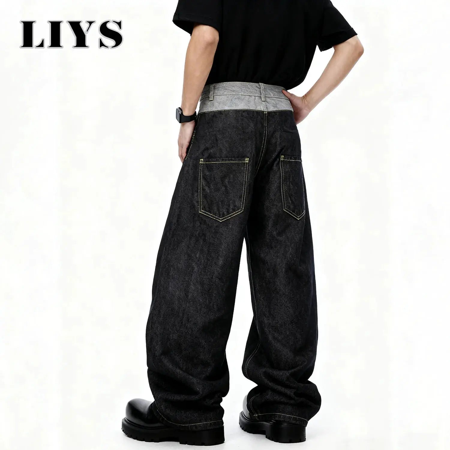 LIYS men's retro baggy wide-leg dark denim jeans with gray waistband and back pockets