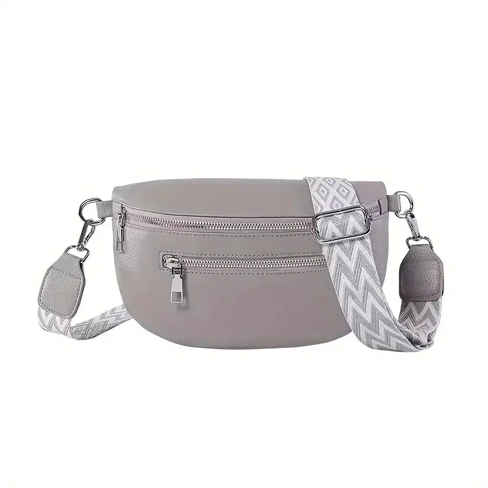 Soft leather gray fanny pack crossbody waist bag with dual zippers and adjustable patterned strap