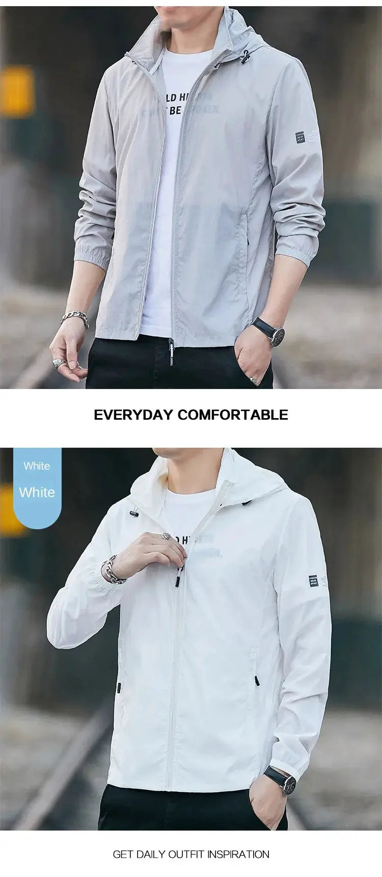 Simples Market sun protection windbreaker jackets, lightweight breathable gray and white colorways