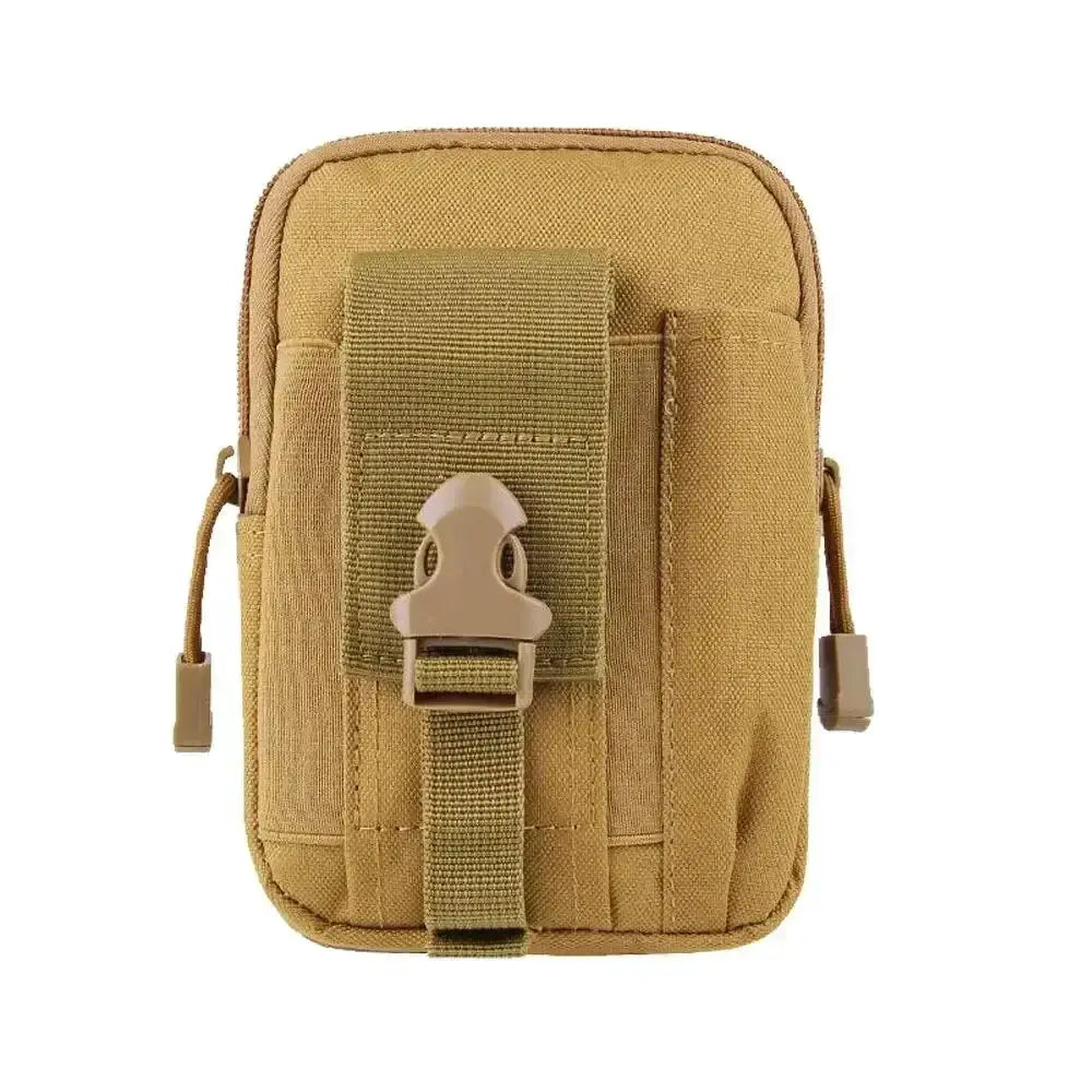 Leg waist pack in tan nylon with front strap and plastic buckle.