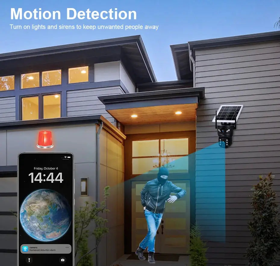 KERUI outdoor waterproof 6MP security camera with 4G SIM/WiFi and solar panel; dual lenses, mounted on a modern home.