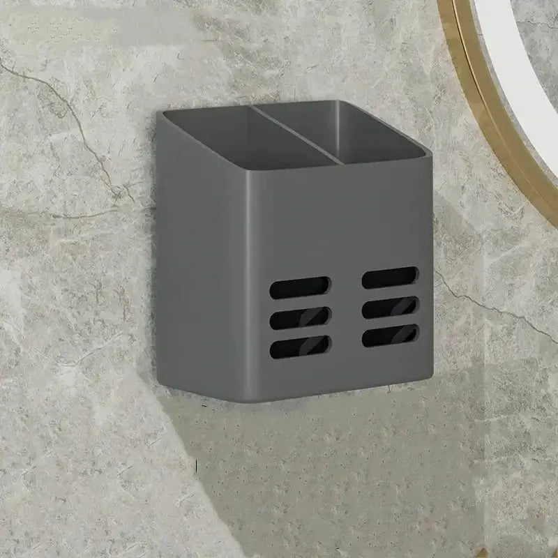Bathroom shelf makeup storage organizer, gray wall-mount no-drill, two-compartment caddy