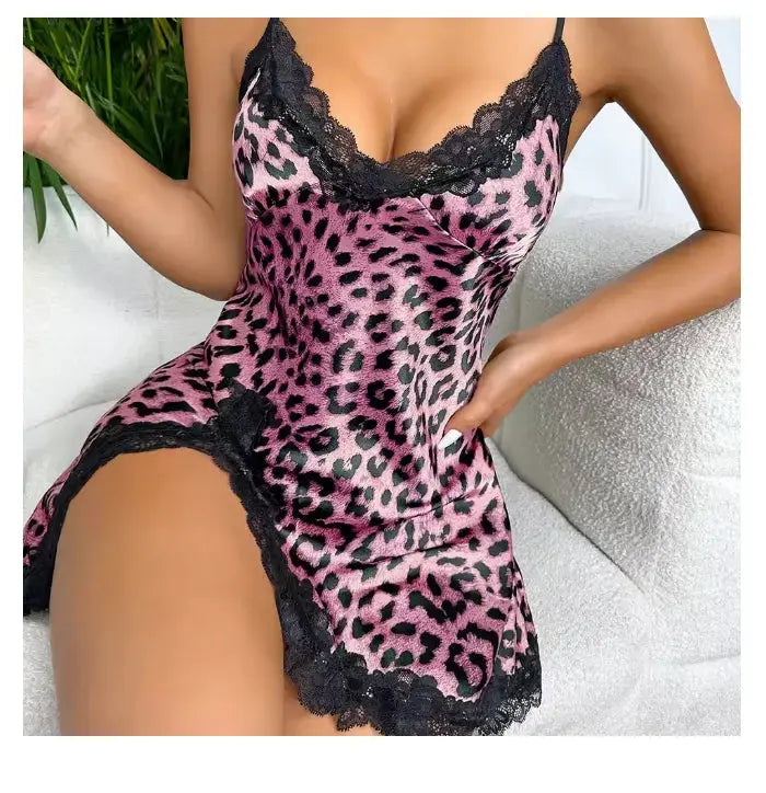 Lace Trim Leopard Print Nightdress V Neck Backless Slip Sleep Dress With Side Split For Summer Comfort