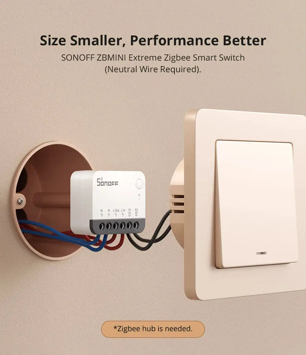 SONOFF ZBMINI Extreme Zigbee smart switch module, white with terminal ports, wired beside a wall switch
