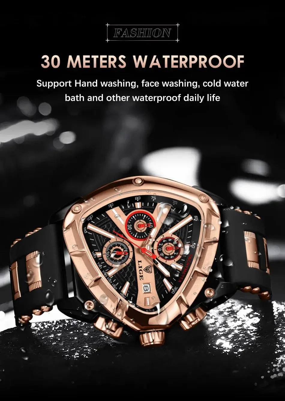 LIGE luxury men's wristwatch with rose-gold-tone case, black dial and strap