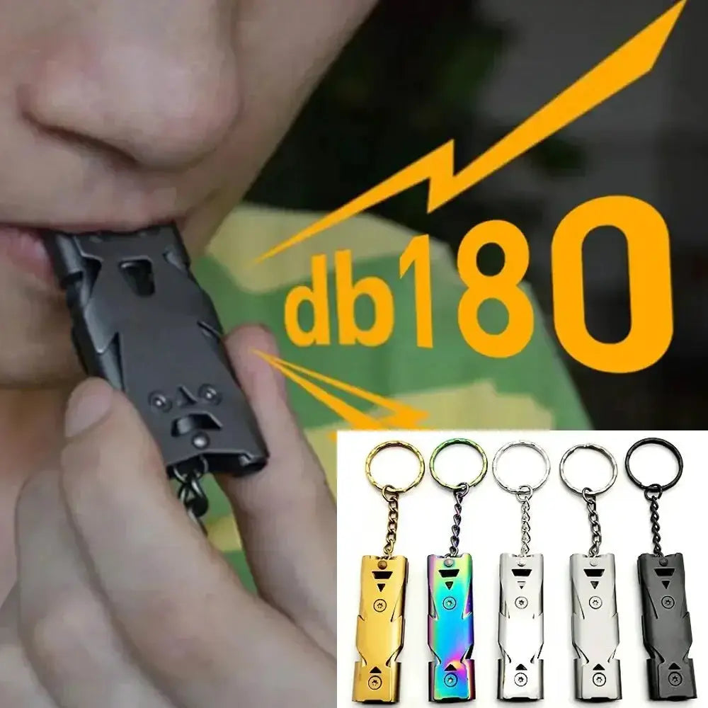 Double pipe whistle pendant keychain with 180 dB high decibel; outdoor survival tool, shown in 5 color variants.