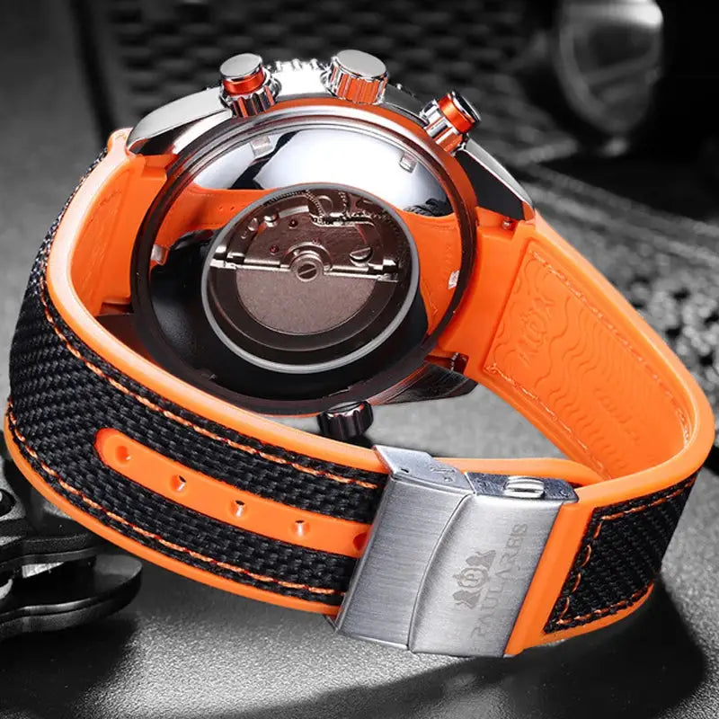PAULAREIS P luxury men's automatic watch with orange rubber strap and stainless steel case, transparent back.