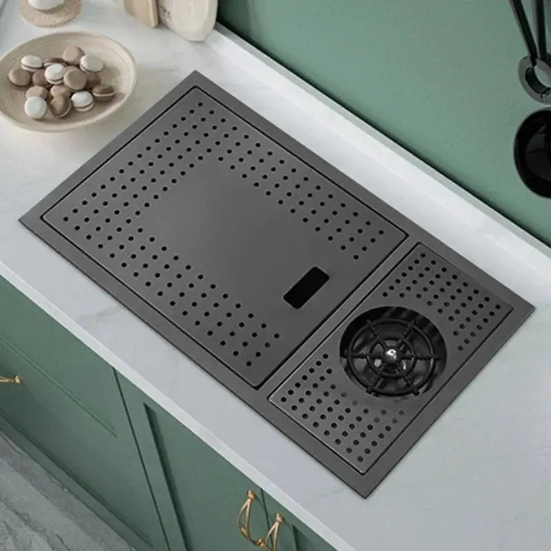 ASRAS Nano black concealed single-bowl kitchen sink with perforated counter cover and built-in drain
