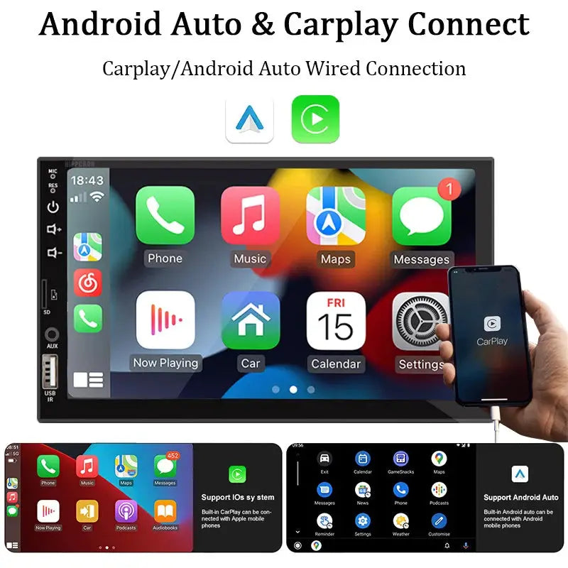 7 Inch 1 Din Car Stereo CarPlay Android Auto Bluetooth HD Touch Screen