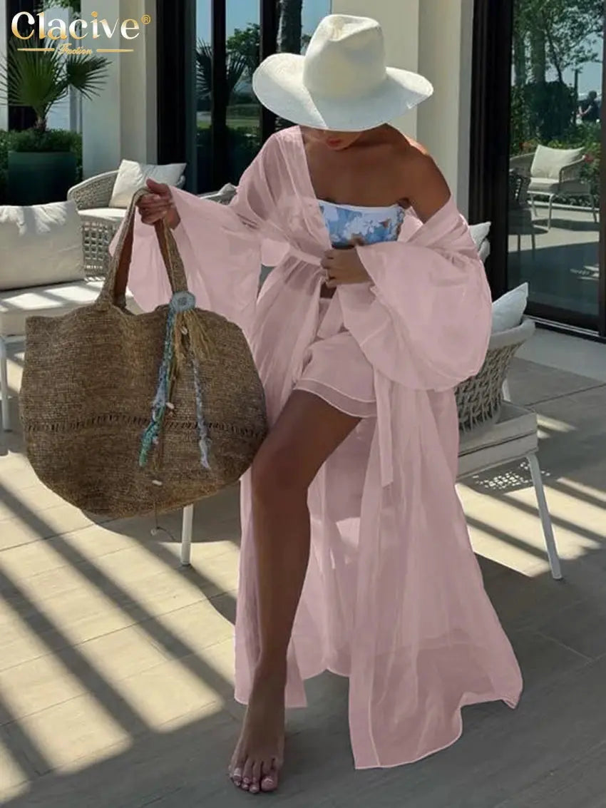 Clacive White 2 Piece Set Women Loose Long Sleeve Robe And Shorts
