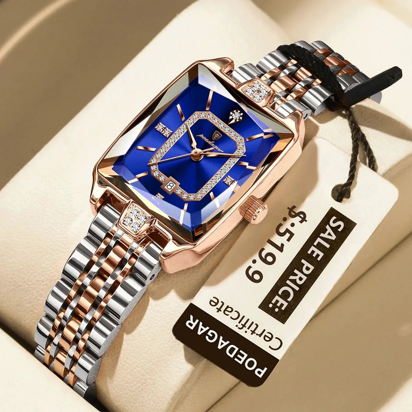 POEDAGAR luxury rectangle women's watch with blue dial, crystal bezel, rose-gold case, two-tone bracelet, date window