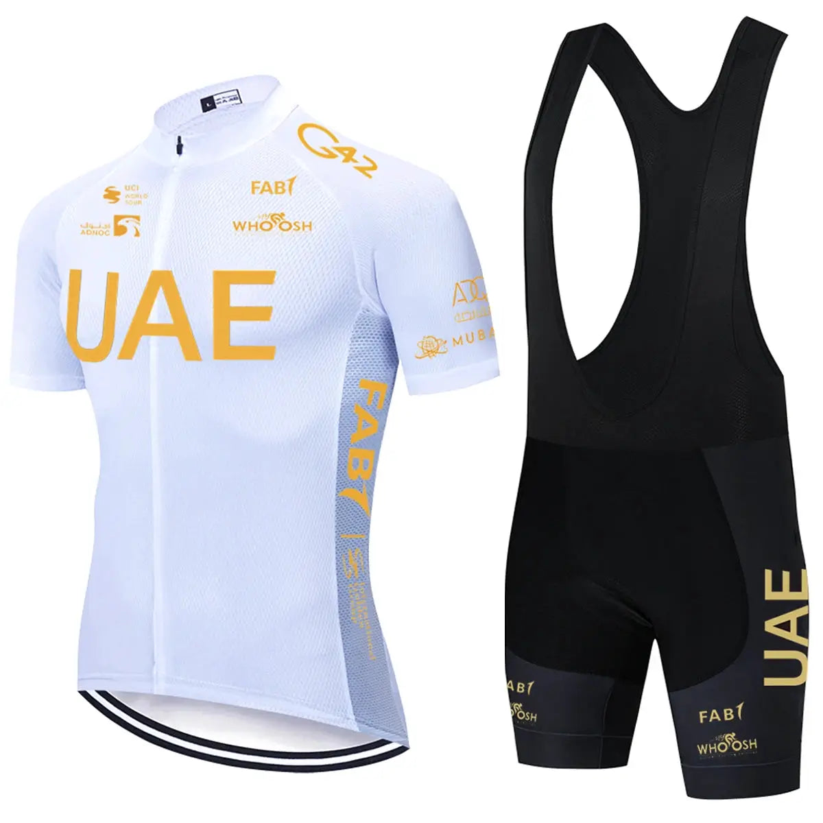 UAE cycling two-piece set: white short-sleeve jersey with gold UAE logos and black bib shorts.