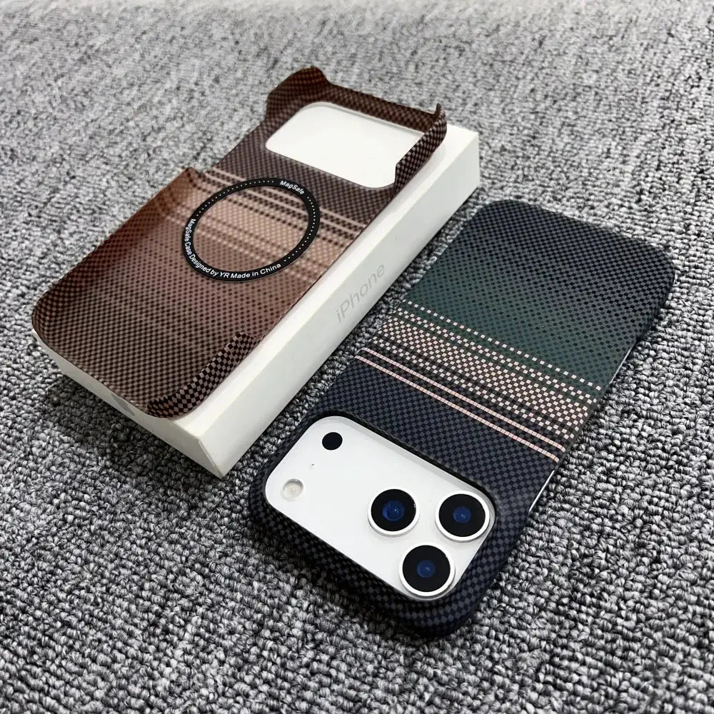 Frameless carbon fiber Kevlar MagSafe phone case 2-pack for iPhone 12–17 Pro Max, PC texture cover