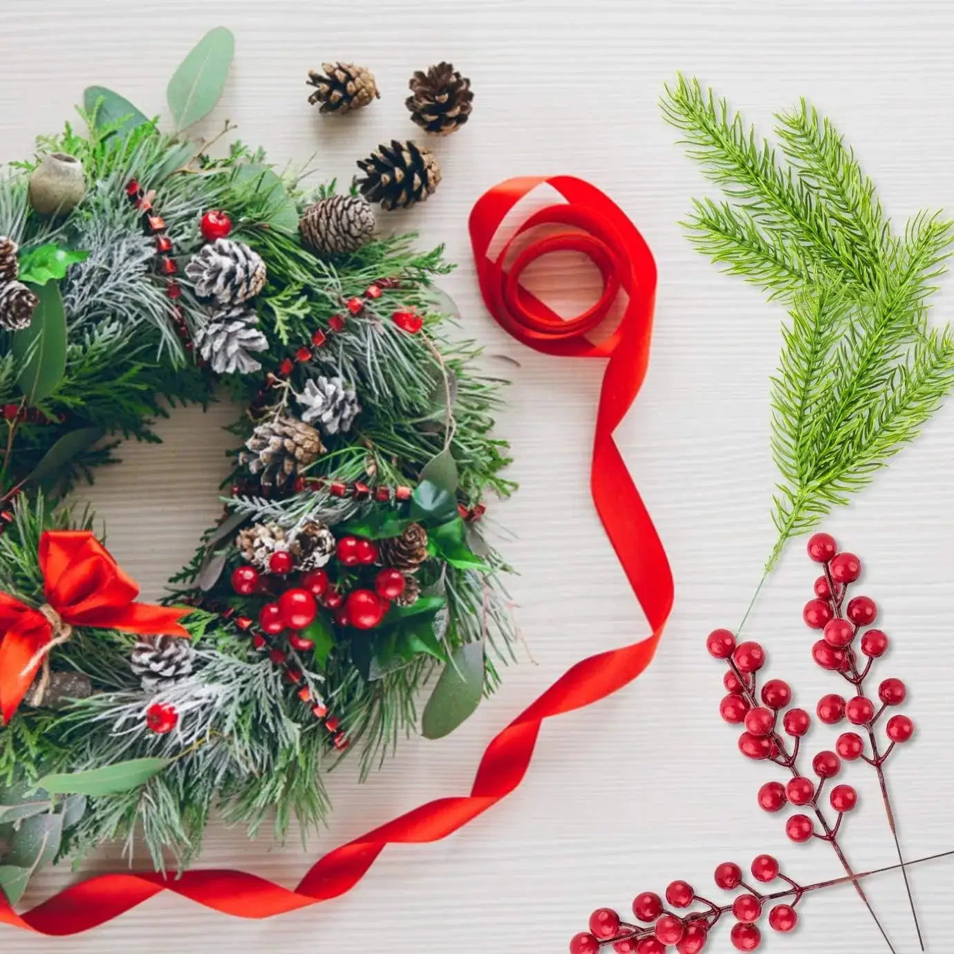 10Pcs artificial Christmas pine branches with red berries for wreaths and tree decor Simples Market