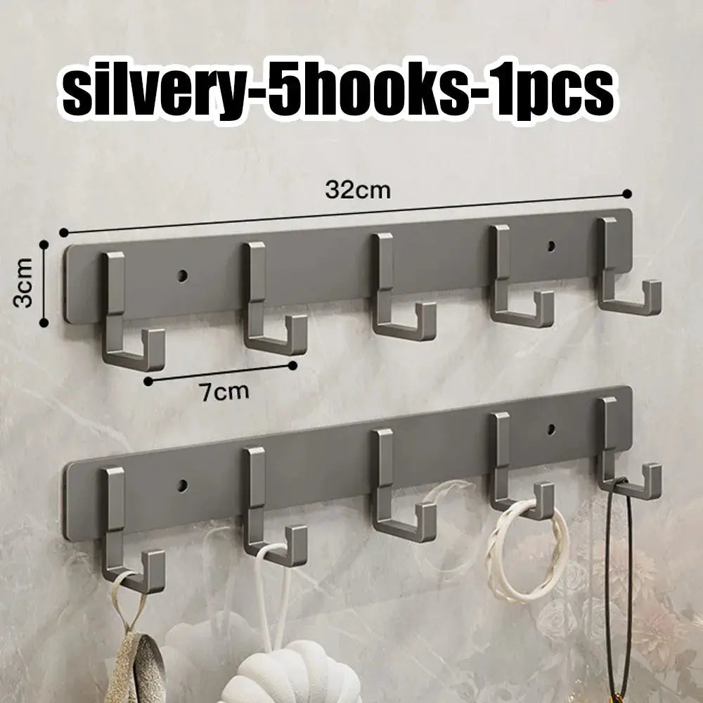Aluminum punch-free hook rack with two rails of 5 silver hooks each for kitchen or bathroom storage