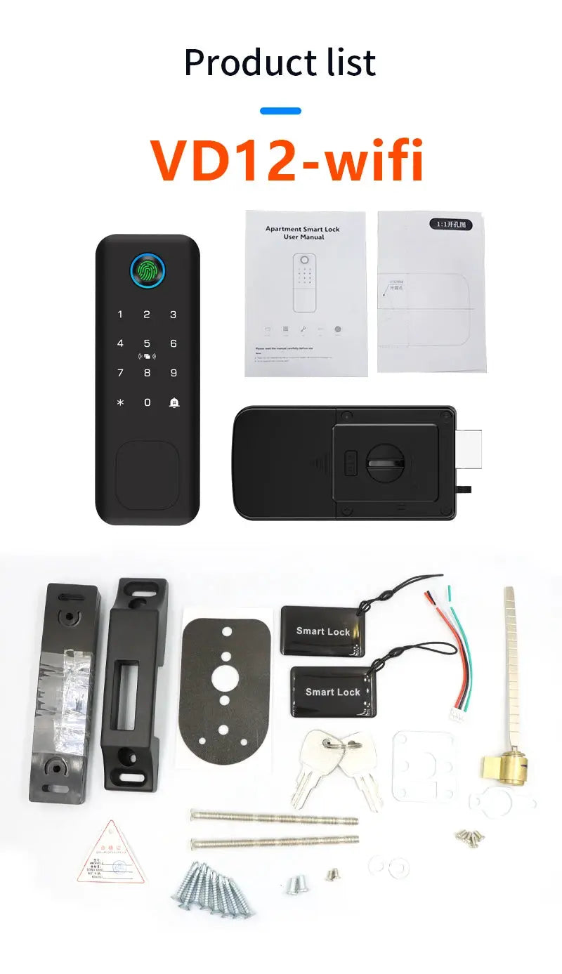 VD12-wifi smart door lock kit by Simples Market with black keypad, RFID fobs, screws and mounting hardware.