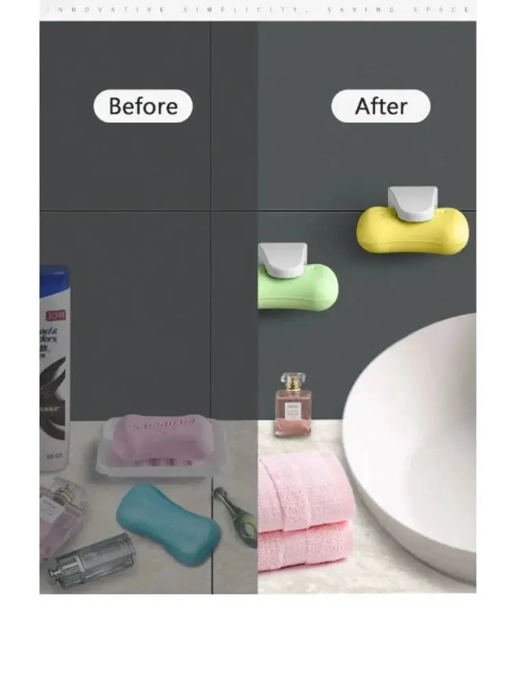 Magnetic soap holders by Simples Market; two yellow and green punch-free mounts on bathroom cabinets.