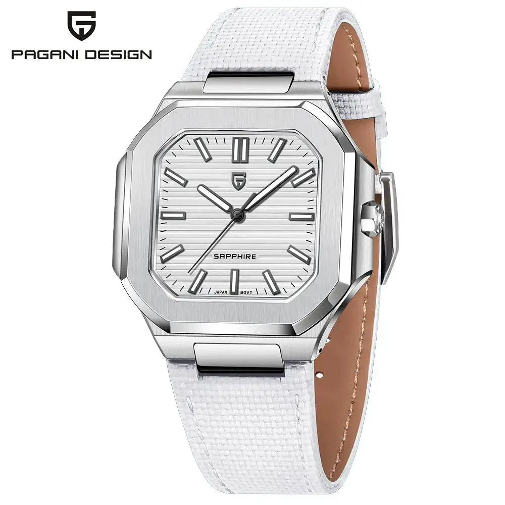 Pagani Design men's quartz wristwatch, 37mm, white fabric strap, stainless steel case, sapphire crystal