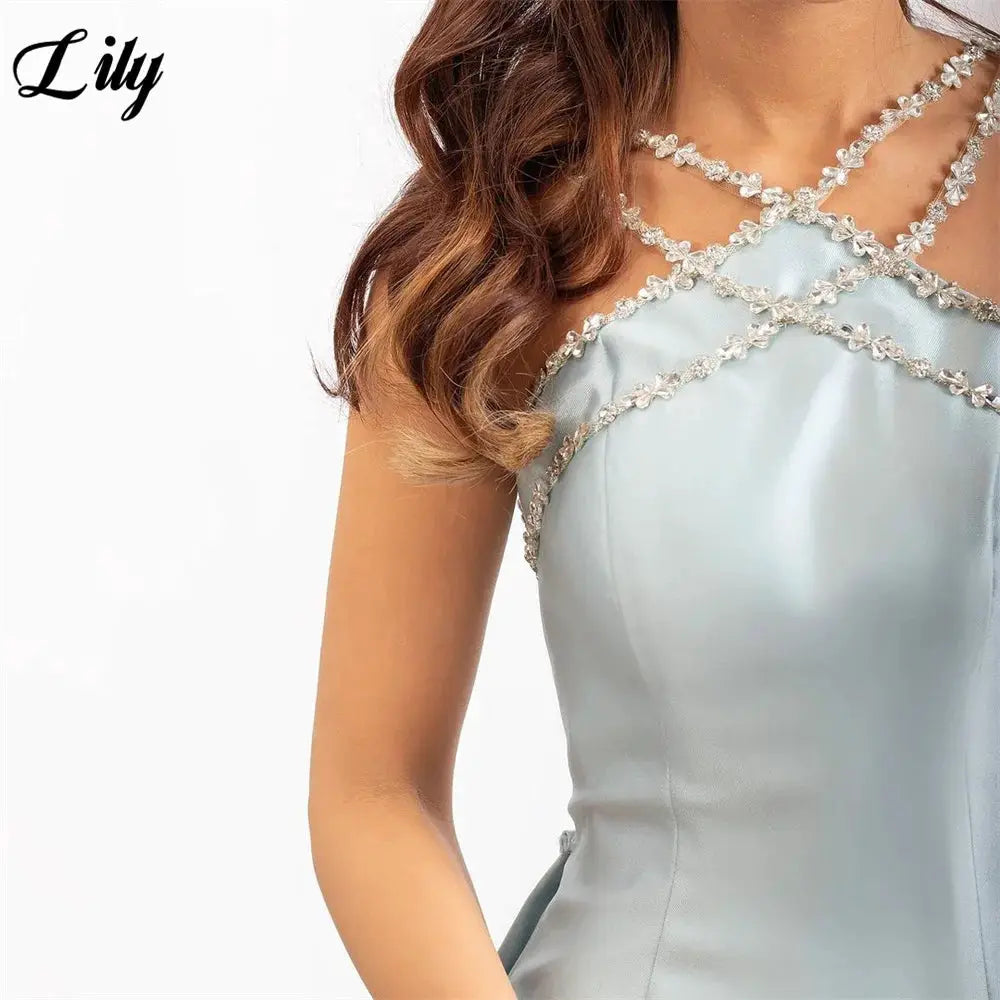 Lily Light Blue Prom Dress With Shiny Beading Halter Detachable Train