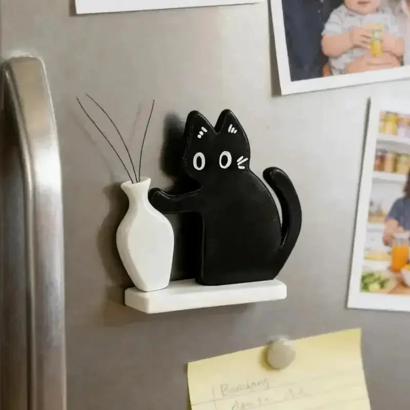 Refrigerator magnet: black cat pushing a white vase, Simples Market Whisker Collection decor
