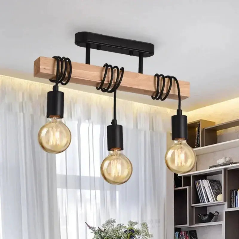 Retro wooden chandelier with three amber Edison bulbs by Simples Market