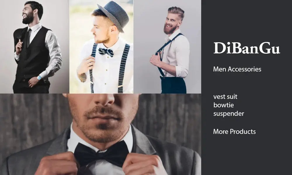 Men's waistcoat set in black paisley jacquard with necktie; DiBanGu collage shows 4 looks