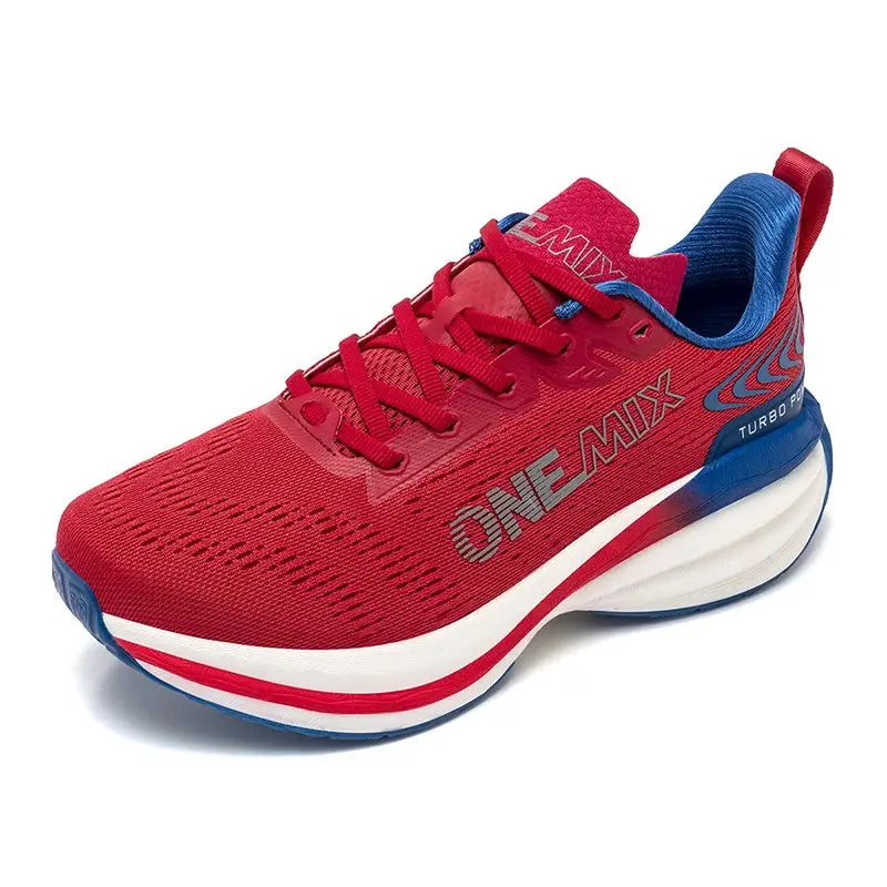 ONEMIX men's running shoes with breathable red mesh upper and blue heel, white midsole.