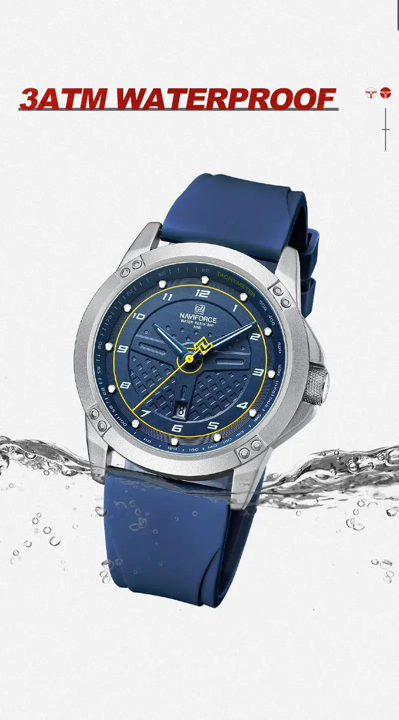 NAVIFORCE casual quartz watch for men with blue silicone strap, blue dial, yellow accents, 3ATM waterproof.
