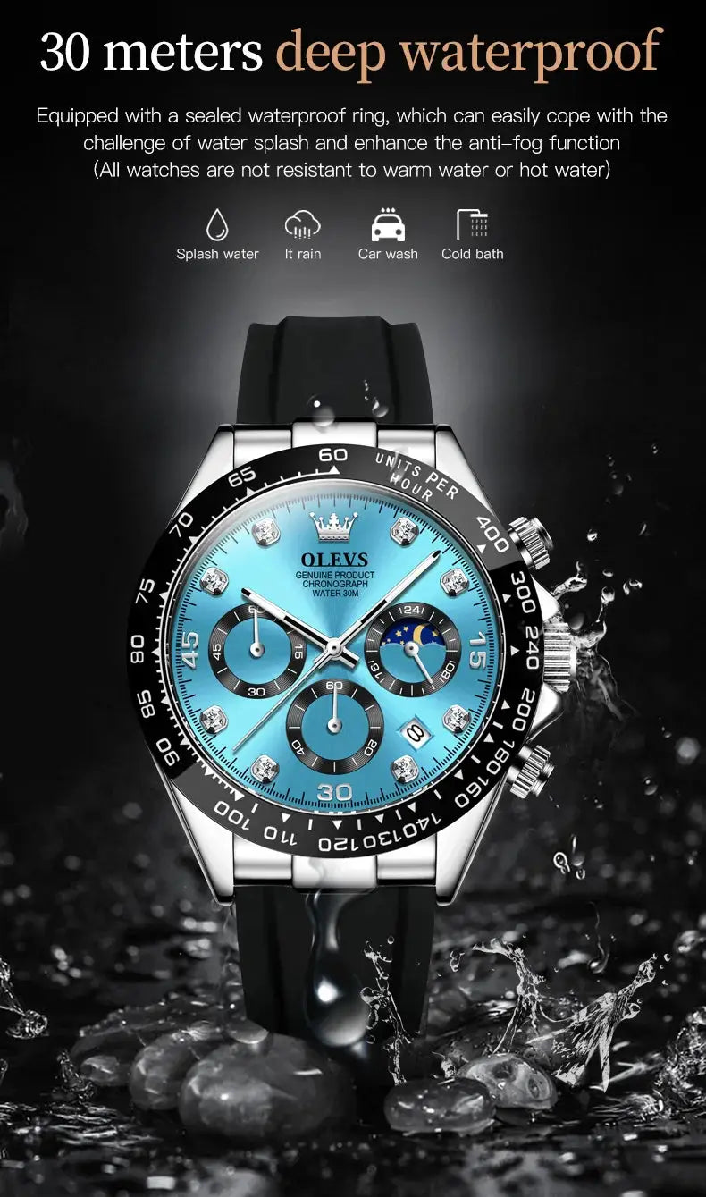 OLEVS men's quartz chronograph watch with blue dial, silicone strap, moon phase subdial, 30m water resistant.