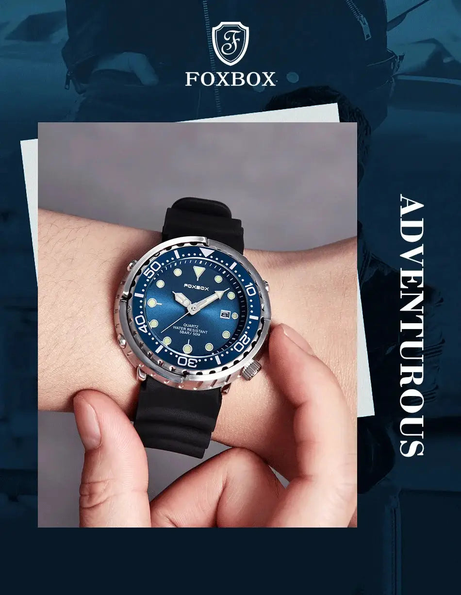 LIGE diver watch with blue dial, stainless-steel bezel and black rubber strap