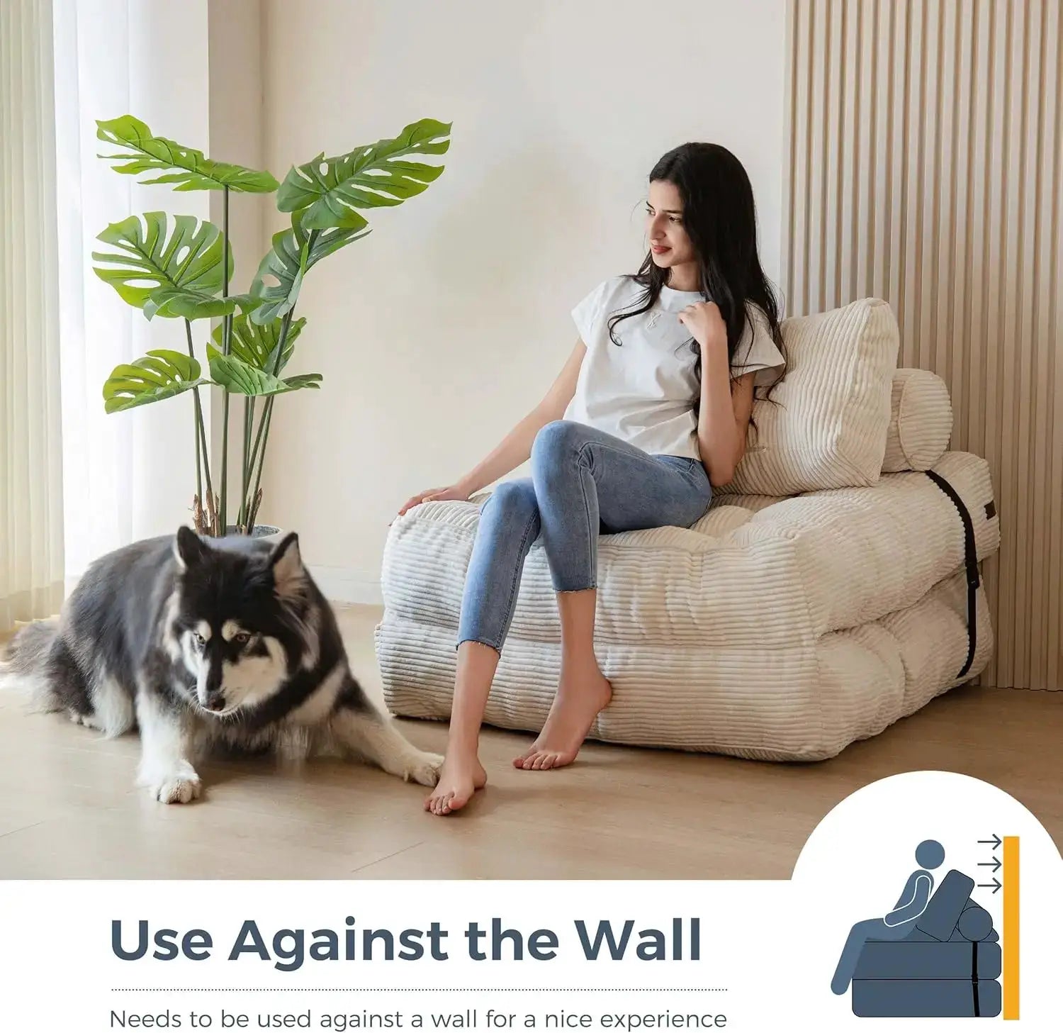Simples Market folding sofa bed in beige fabric with pillow, portable fold-out sleeper chair for floor lounge