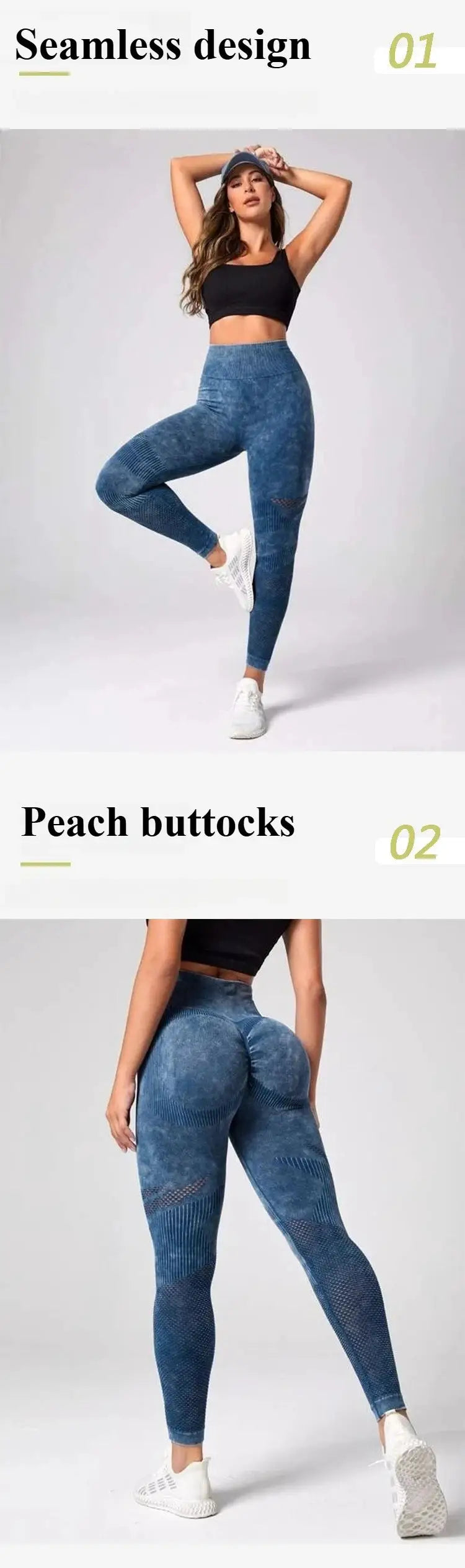 Simples Market ladies' high-waist blue quick-dry yoga leggings with butt-lift, seamless, front and back views