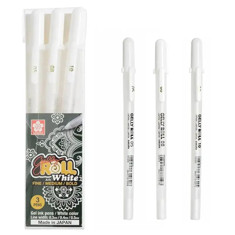 Sakura Gelly Roll white gel pen set of 3 for journaling and art; assorted tips Fine, Medium, Bold