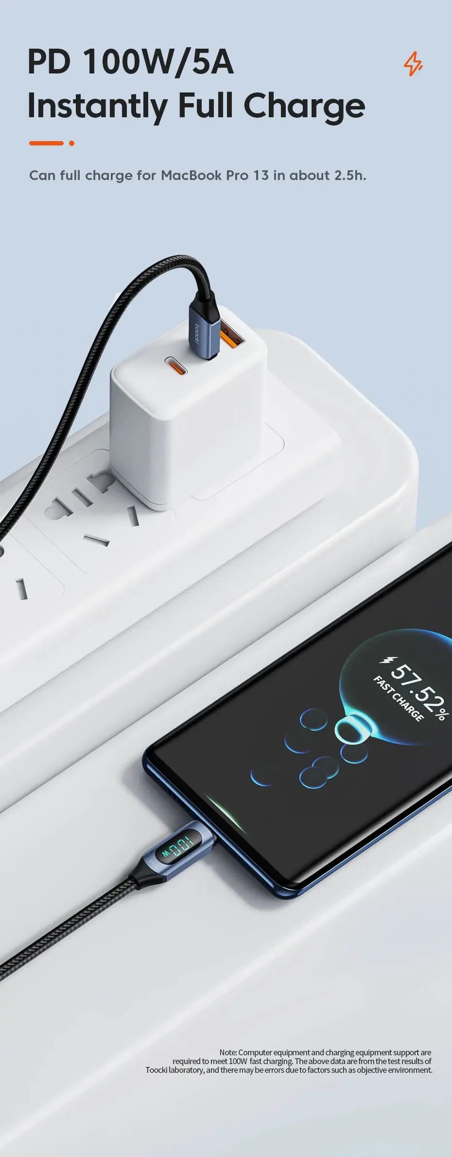 Toocki USB-C to USB-C 100W PD charging cable, braided black with blue connector; brand Simples Market