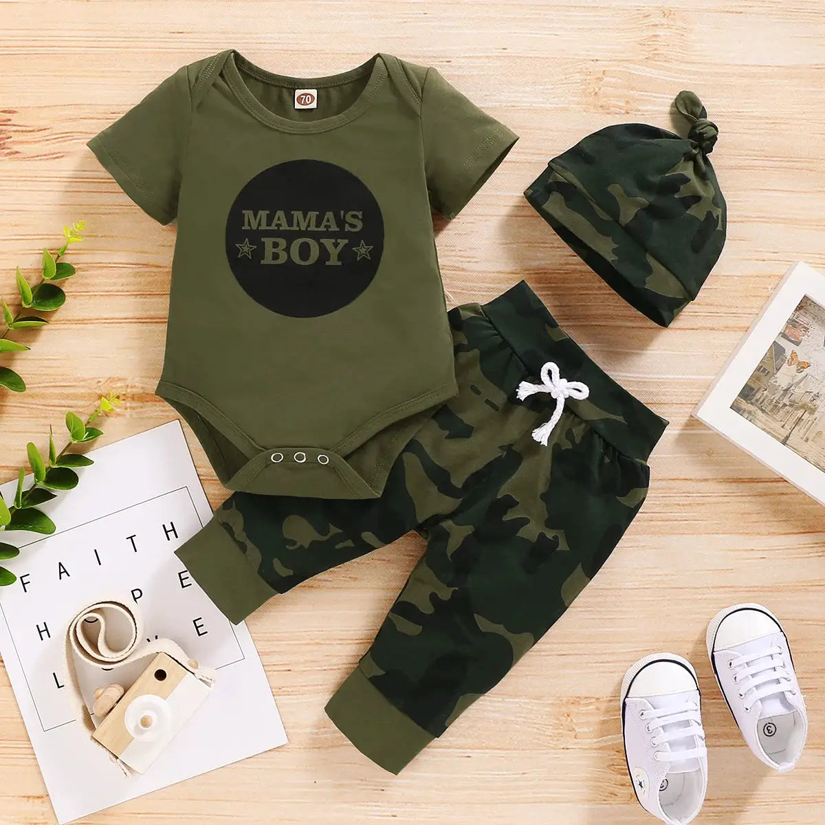 Baby Boy Summer 3 Piece Outfit Set Including Letter Print Short Sleeve Romper Camouflage Pants Hat 0 To 18 Months