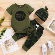 Baby Boy Summer 3 Piece Outfit Set Including Letter Print Short Sleeve Romper Camouflage Pants Hat 0 To 18 Months