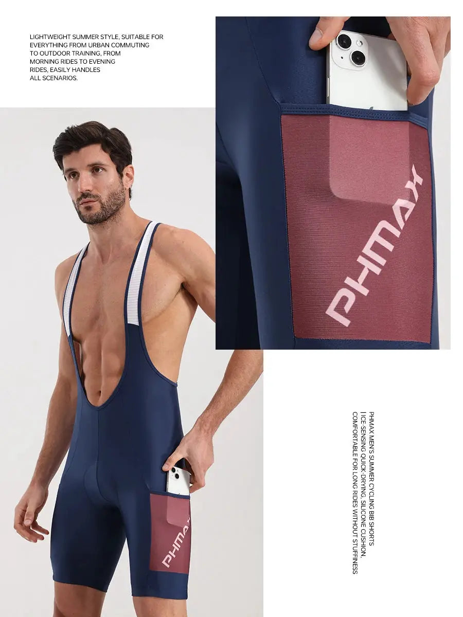 PHMAX men's cycling bib shorts navy blue with 5D silicone padding and phone pockets