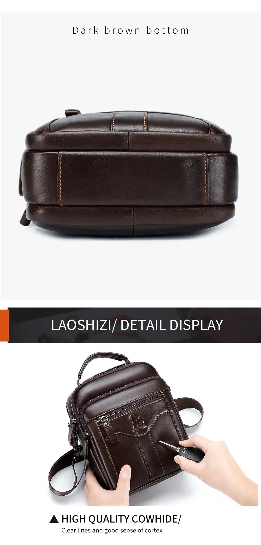 Men's crossbody bag by Simples Market, dark brown cowhide leather with visible contrast stitching.