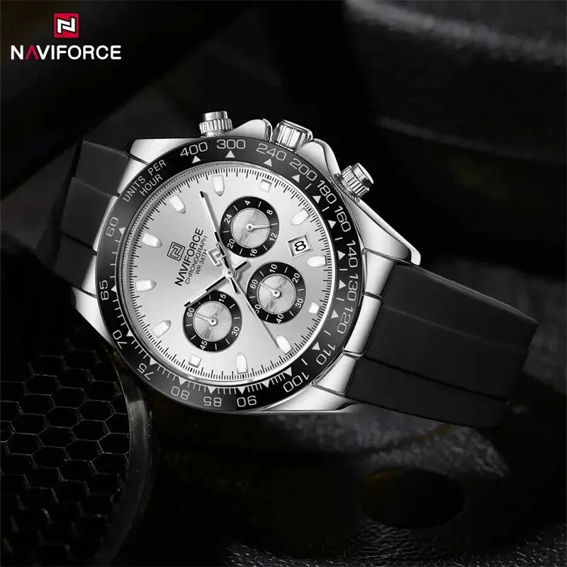NAVIFORCE NF8054 men's chronograph watch with silver dial, black bezel, luminous markers, silicone strap