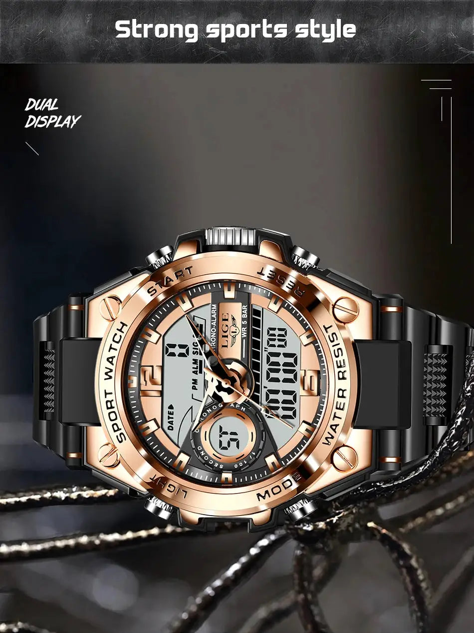 LIGE men's sport watch with rose-gold bezel, black strap, dual display from Simples Market