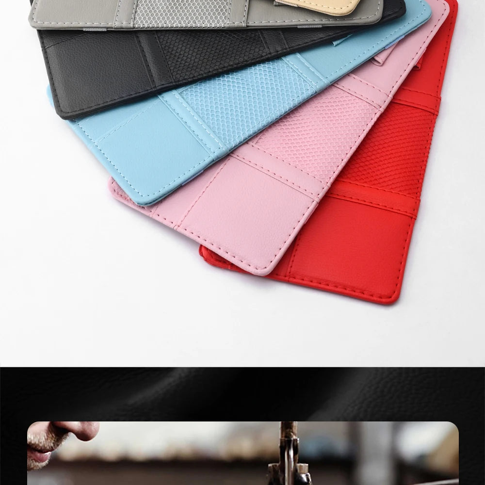 Car sun visor organizer pouch set in 5 colors with sunglasses clip and card/bill/pen pockets
