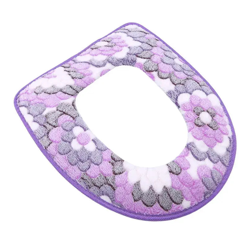 Toilet seat cover plush ring cushion in purple floral pattern, washable and waterproof, universal fit