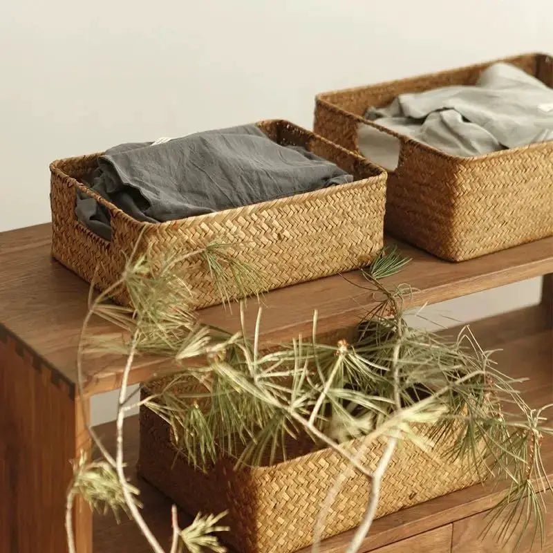 Woven Seagrass Storage Basket Stackable For Home Decor Natural Wicker Basket Kitchen Table Organization Rattan - Simples Market