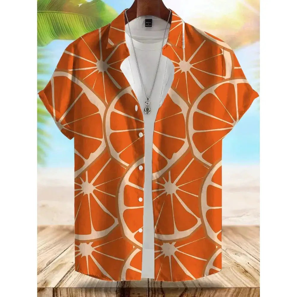 Seaside Hawaiian Style Men's Shirt in orange citrus-slice print, short-sleeve by Simples Market