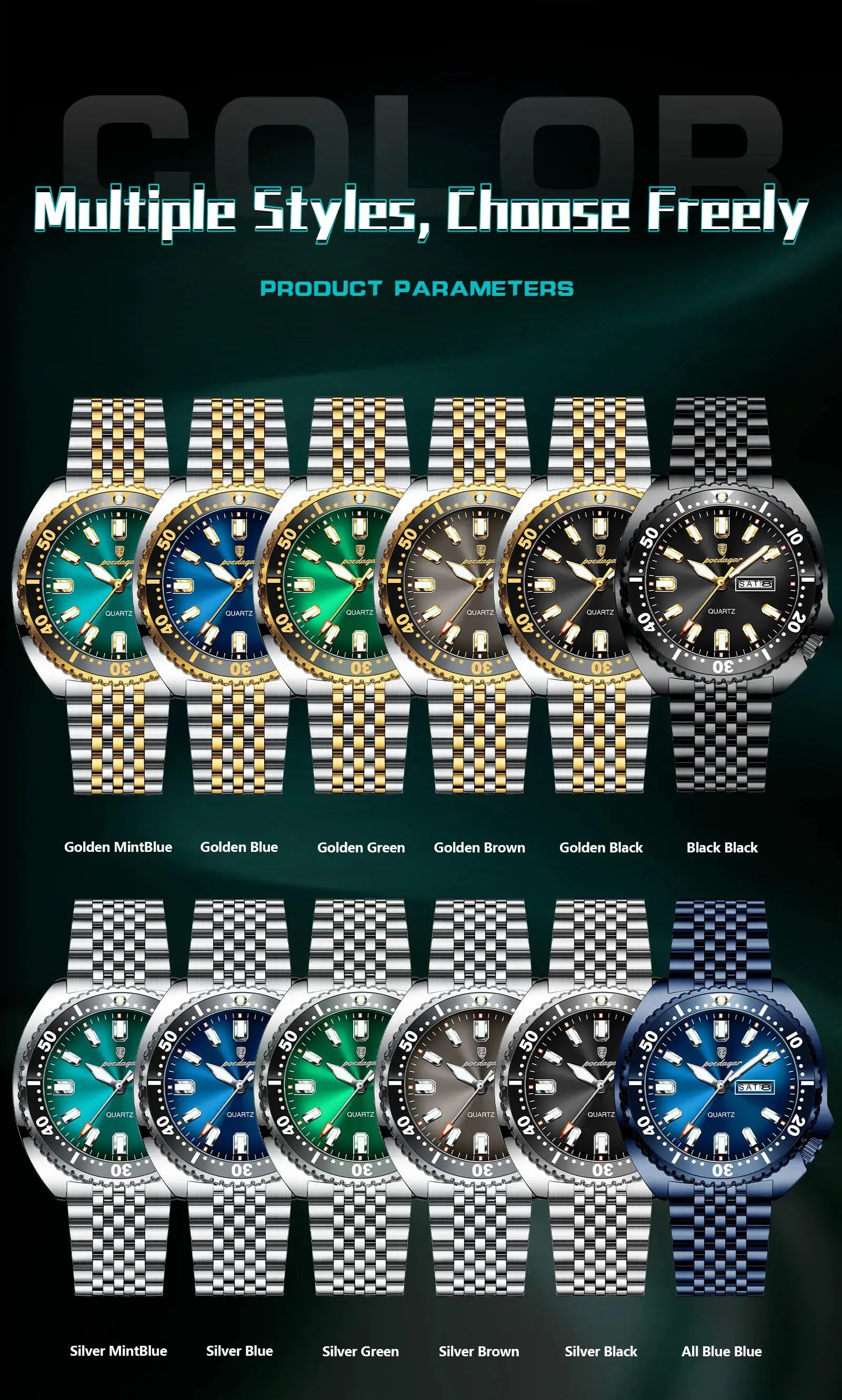 POEDAGAR luxury men's quartz wristwatch by Simples Market; twelve color options displayed