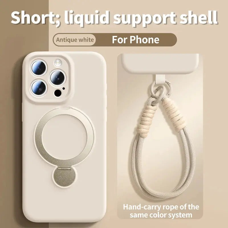 Simples Market iPhone silicone case with magnetic ring stand and lanyard in antique white; fits iPhone 17 Pro Max and Air 16/13/15/14 Pro Max
