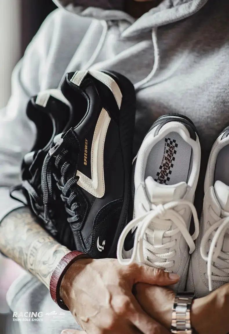 Maden unisex vintage patchwork racing shoes, two sneakers in black and white, Speedway branding, lace-up trainers