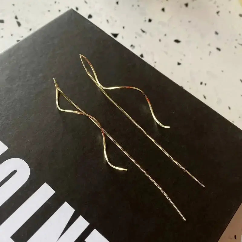 2pc women's gold-tone threader earrings with curved wave drops by Simples Market
