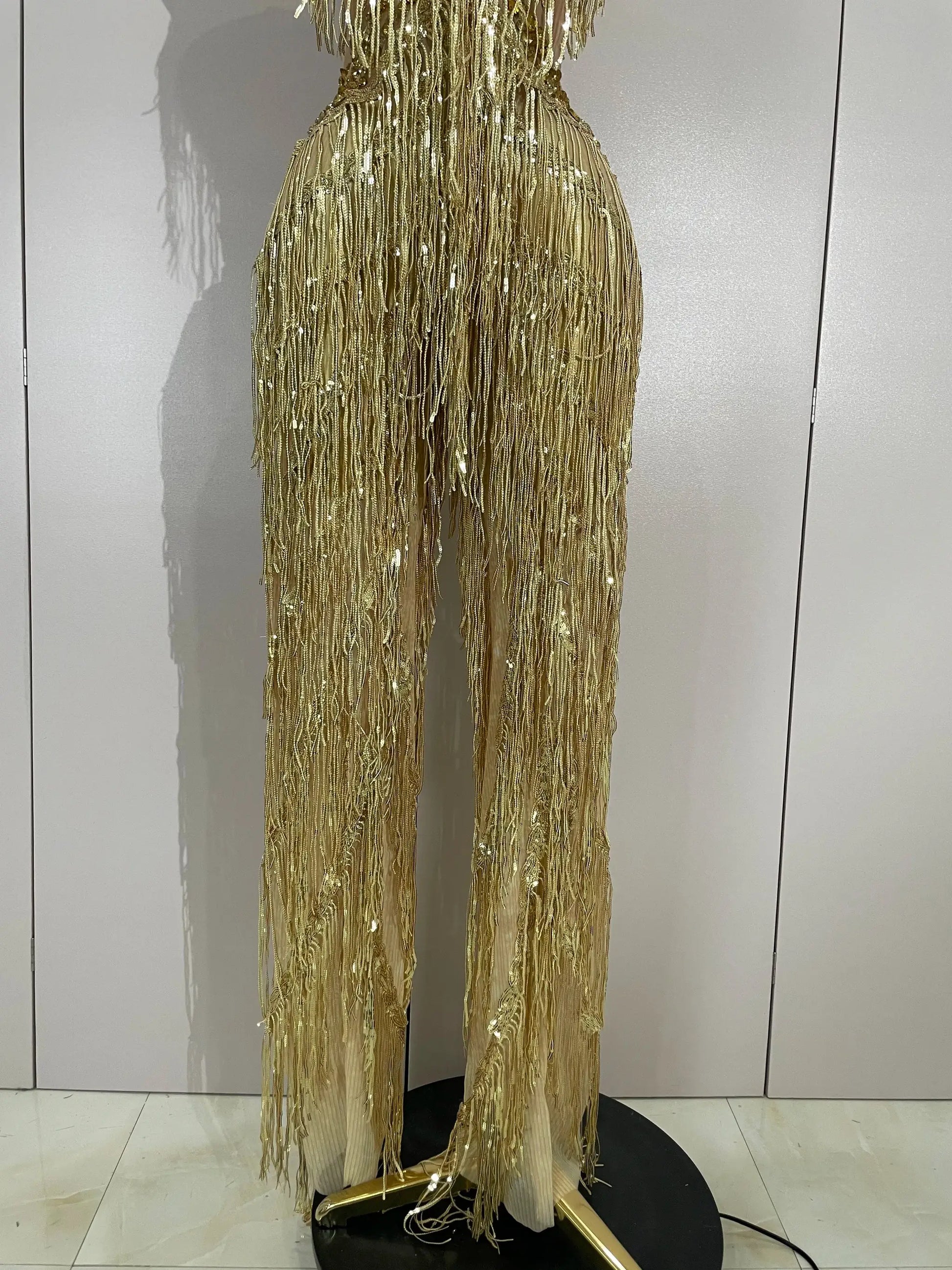 Gold sequined fringe jumpsuit for women, stage/show outfit with long tassels